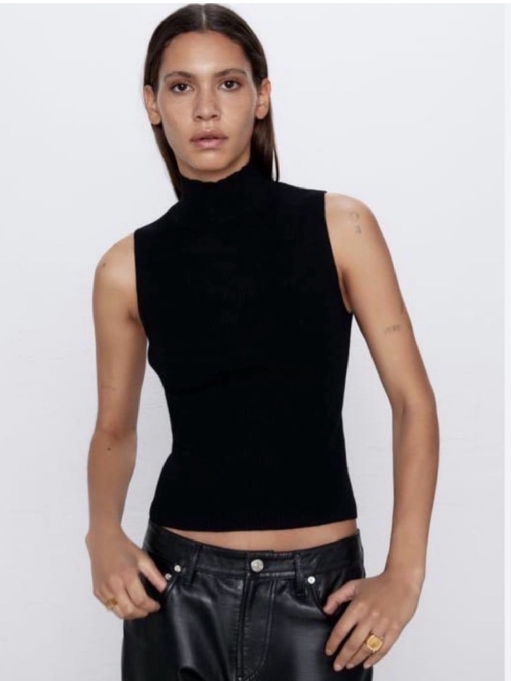 Zara Black Sleeveless Mock Neck Ribbed Tank